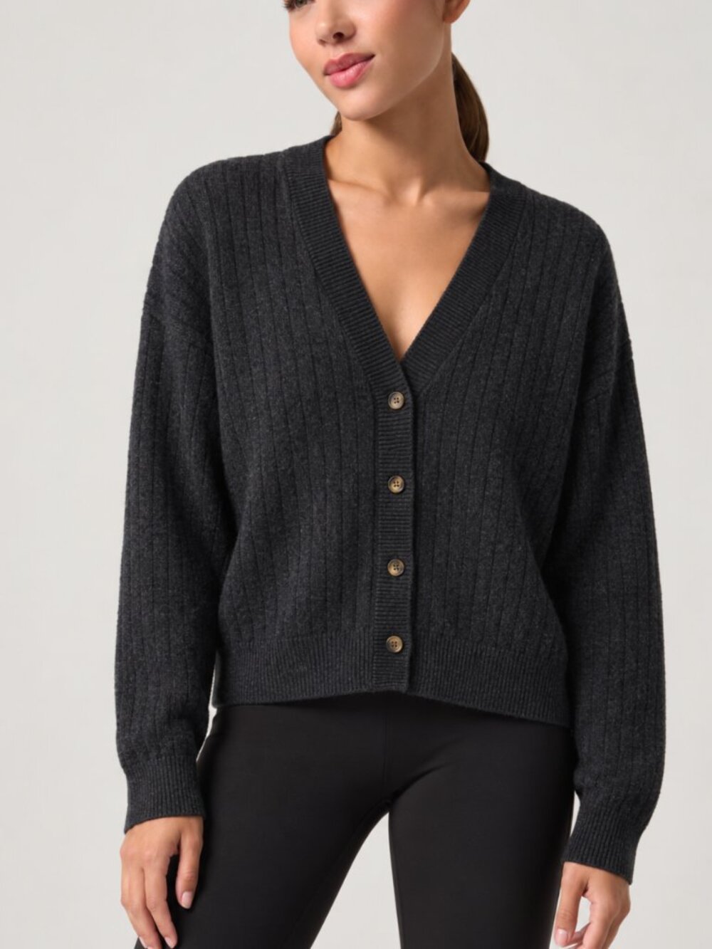 Spiritual Gangster Charcoal Gray Ribbed V-Neck Cropped Cardigan Sweater Medium